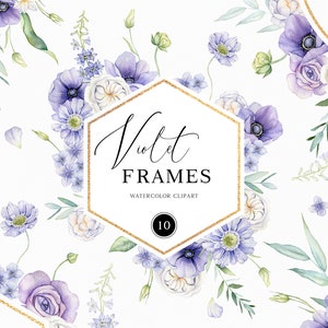 Mycket Peri Violetta Blommor Ramar Clipart - Akvarell Lila Ramar - Violetta Blommor Bröllopsinbjudan och Korttillverkning DIY - PNG Digital Nedladdning