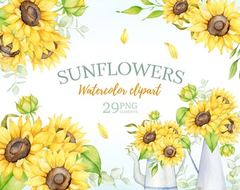 Watercolor sunflower clipart, boho floral wedding clipart, summer clipart sublimation, farmhouse printable decor DIY, digital download PNG