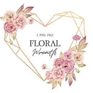 Aquarel Boho Floral Wreath Clipart, Stoffige roze roos frame, Gouden geometrische hart frame, DIY Bruiloft uitnodiging, Digitale download PNG