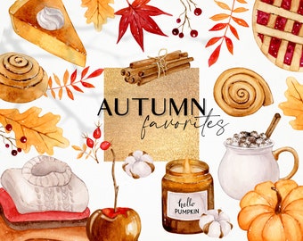 Autumn watercolor clipart, Cozy fall digital clip art, Watercolor pumpkin clipart, Fall favorites,Farmhouse decor, Planner printables PNG