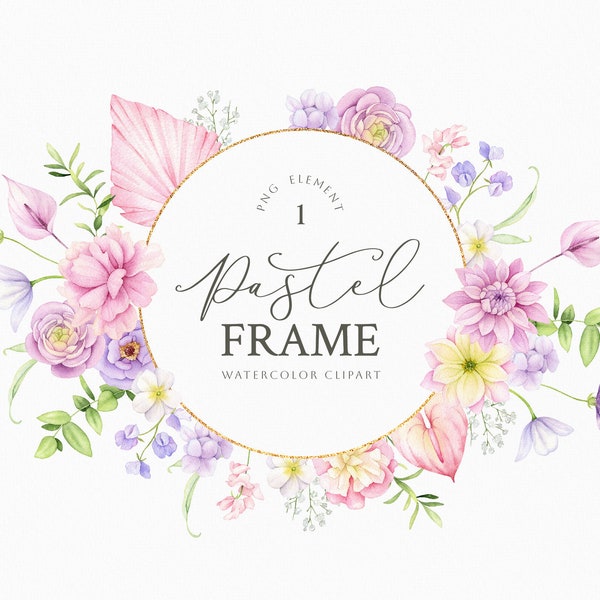 Watercolor floral frame clipart - Pastel flowers png - Delicate spring floral arrangement - Floral invite clip art - Digital download png