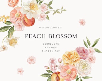 May include: Watercolor illustration of peach blossoms, leaves, and peaches. The illustration is in a white background with the text "WATERCOLOR SET PEACH BLOSSOM BOUQUETS FRAMES FLORAL DIY".