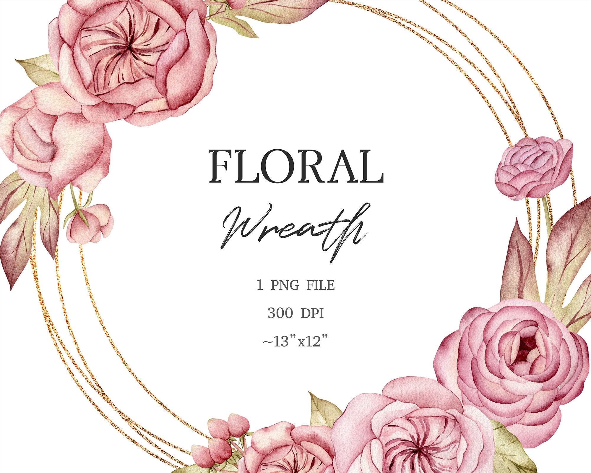 Watercolor Boho Floral Wreath Clipart, Dusty Pink Rose Frame, Gold ...