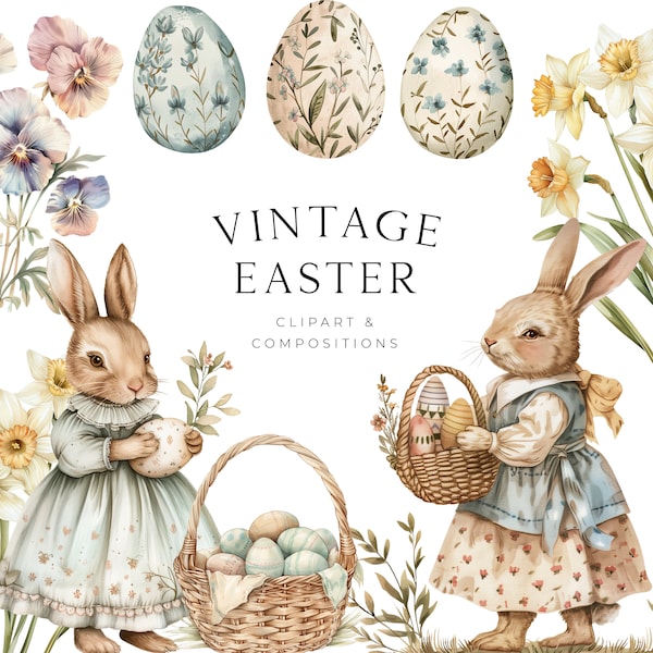 Vintage Easter bunnies - Watercolor Easter clipart - Easter eggs - Cottagecore - Watercolor clipart - PNG Digital download