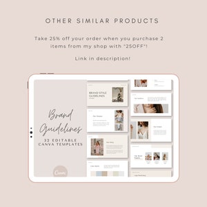 Pu&ograve; includere: Un tablet digitale che mostra un modello di presentazione Canva per le linee guida del marchio. Il modello include 32 diapositive modificabili con una tavolozza di colori neutri e un design minimalista. Il testo sullo schermo recita "Linee guida del marchio" e "32 modelli Canva modificabili".