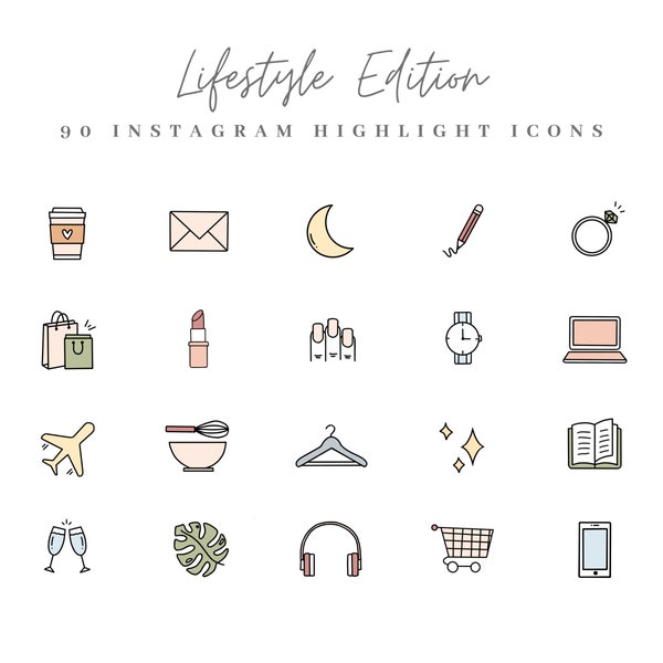 90 Lifestyle Instagram Highlight Icons - Zachte pastelpictogrammen, Instagram Story Highlight Covers, Social Media Icons, Branding Kit, voor bloggers