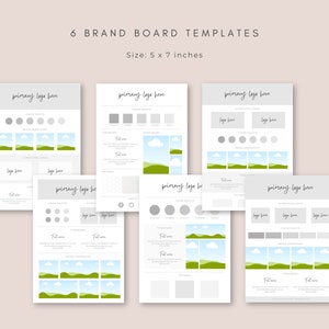 Pu&ograve; includere: Sei modelli di brand board stampabili in uno schema di colori grigio chiaro con un design paesaggistico che presenta un cielo blu, nuvole bianche ed erba verde. I modelli includono sezioni per un logo principale, palette di colori, tipografia e illustrazioni di marca. I modelli sono progettati per essere utilizzati con un formato carta di 5 x 7 pollici.