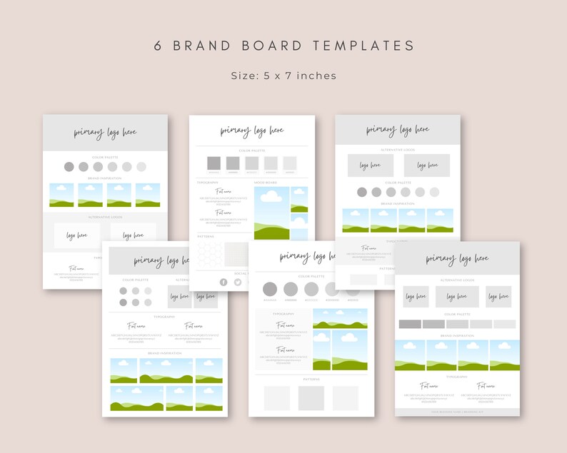 Pu&ograve; includere: Sei modelli di brand board stampabili in uno schema di colori grigio chiaro con un design paesaggistico che presenta un cielo blu, nuvole bianche ed erba verde. I modelli includono sezioni per un logo principale, palette di colori, tipografia e illustrazioni di marca. I modelli sono progettati per essere utilizzati con un formato carta di 5 x 7 pollici.