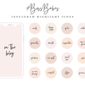Op de afbeelding: Een set van 16 Instagram-highlight-pictogrammen in een roze en witte kleurstelling. De pictogrammen bevatten tekst zoals "events", "#boss babe", "q&a", "contact", "favorieten", "#hustle", "inspiratie", "rise & grind", "freebies", "nieuwe post", "klant liefde", "sale", "we are hiring", "website", "style" en "giveaway".