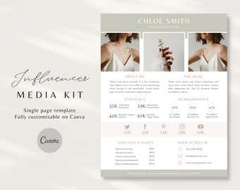 1 Page Media Kit Template For Canva - Influencer Media Kit Canva Template, Editable, Press Kit, Branding Kit, Lifestyle Blogger Media Kit