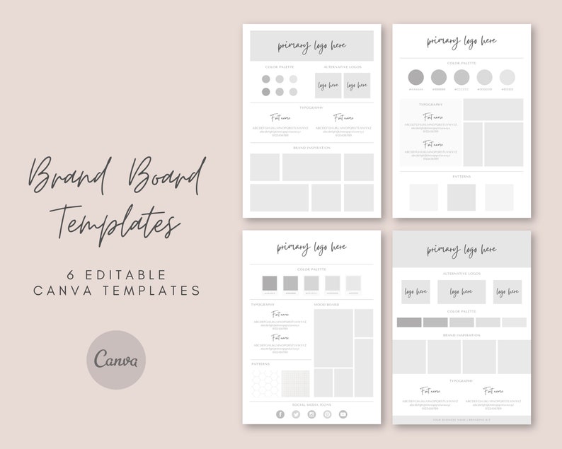 Pu&ograve; includere: Sei modelli Canva modificabili per creare un brand board. Ogni modello include sezioni per un logo, una tavolozza di colori, la tipografia e altro ancora.