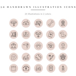 Op de afbeelding: Een set van 50 handgetekende illustraties van honden gerelateerde pictogrammen in zwart en wit. De pictogrammen zijn gerangschikt in een raster van vijf rijen en tien kolommen. Elk pictogram bevindt zich in een cirkel met een lichtbruine achtergrond.