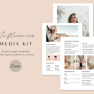 Kit de medios de influenciador de 3 páginas para Canva: plantilla de kit de medios editable, kit de marca, kit de prensa, kit de medios de blogger de estilo de vida, kit de presentación, Canva