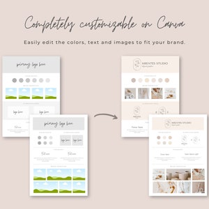 Pu&ograve; includere: Un modello Canva per il branding con una tavolozza di colori, un logo e suggerimenti di immagini. Il modello include il testo "Kreates Studio Digital Graphics" e "primary logo here".