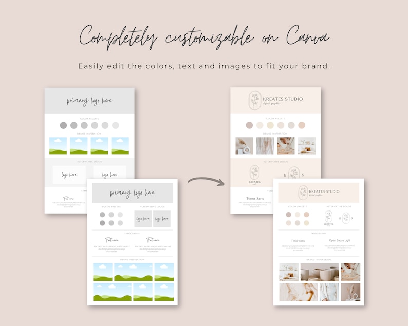 Pu&ograve; includere: Un modello Canva per il branding con una tavolozza di colori, un logo e suggerimenti di immagini. Il modello include il testo "Kreates Studio Digital Graphics" e "primary logo here".