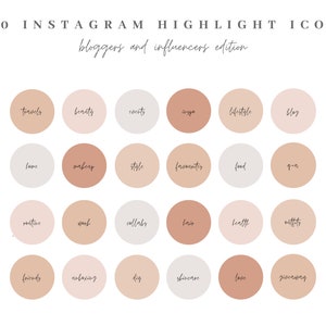 Op de afbeelding: Een set van 20 Instagram-highlight-pictogrammen in verschillende tinten beige, roze en bruin. De pictogrammen zijn rond en bevatten tekst in een handschrift. De tekst bevat woorden als "reizen", "schoonheid", "stijl", "eten", "liefde" en "giveaway".