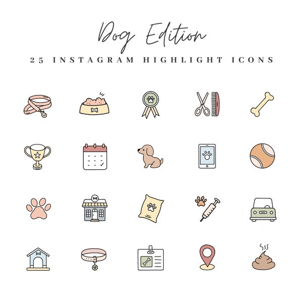 25 Dog Instagram Highlight Icons - Soft Pastel, Pet Highlights, Instagram Story Highlight Covers, Social Media Icons, Handdrawn Dog Icons