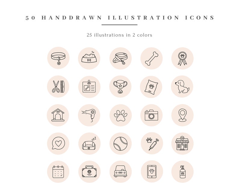 Op de afbeelding: Set van 50 handgetekende illustraties van hondgerelateerde pictogrammen in zwart en wit. De pictogrammen zijn gerangschikt in een raster van 5 rijen en 10 kolommen. Elk pictogram bevindt zich in een cirkel met een lichtroze achtergrond.