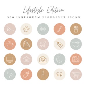 Op de afbeelding: Een set van 25 Instagram-highlight-pictogrammen met verschillende lijntekeningen in wit op een pastelkleurige achtergrond. De pictogrammen omvatten een hoge hak, een pootafdruk, een halter, een potlood, een plant, een kopje koffie, boodschappentassen, een vliegtuig, een verkoopprijslabel, een garde, een computerscherm, een huis, een camera, een halve maan, een open boek, een glinstering, een babyfles, een lippenstift, aanhalingstekens en een winkelwagen.