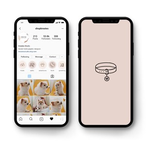 Op de afbeelding: Een screenshot van een Instagram-profiel voor een social media-graficus. De profielnaam is "shopkreates" en de profielfoto is een bruin en wit abstract ontwerp. Het profiel heeft 213 berichten, 53,8k volgers en 308 abonnees. De profielbiografie luidt "Kreates Studio, Social media-graficus, kreatesstudio.etsy.com". Het profiel toont een raster met negen foto's van een kleine witte hond. De tweede screenshot toont een lichtbruine achtergrond met een zwarte lijntekening van een hondenhalsband met een hartvormig label.