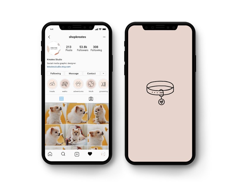 Op de afbeelding: Een screenshot van een Instagram-profiel voor een social media-graficus. De profielnaam is "shopkreates" en de profielfoto is een bruin en wit abstract ontwerp. Het profiel heeft 213 berichten, 53,8k volgers en 308 abonnees. De profielbiografie luidt "Kreates Studio, Social media-graficus, kreatesstudio.etsy.com". Het profiel toont een raster met negen foto's van een kleine witte hond. De tweede screenshot toont een lichtbruine achtergrond met een zwarte lijntekening van een hondenhalsband met een hartvormig label.