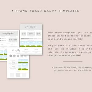 Pu&ograve; includere: Sei modelli Canva per creare board di marca. Ogni modello include uno spazio per un logo, una tavolozza di colori, scelte di font e immagini. Il testo sull'immagine recita "6 modelli di board di marca Canva".