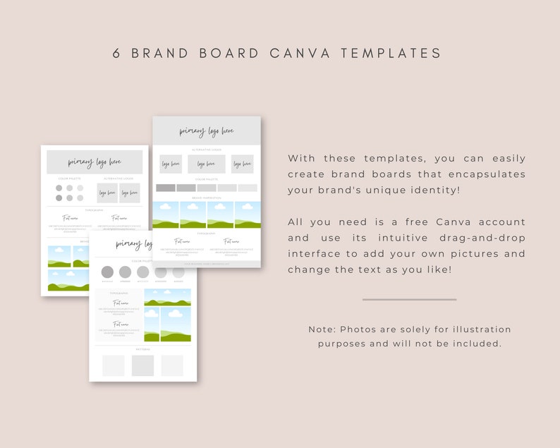 Pu&ograve; includere: Sei modelli Canva per creare board di marca. Ogni modello include uno spazio per un logo, una tavolozza di colori, scelte di font e immagini. Il testo sull'immagine recita "6 modelli di board di marca Canva".