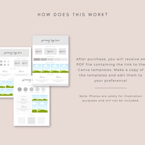 Pu&ograve; includere: Un download digitale di modelli Canva per i social media. I modelli presentano un design di paesaggio verde e blu con uno spazio per un logo e del testo. I modelli sono modificabili e possono essere utilizzati per varie piattaforme di social media.