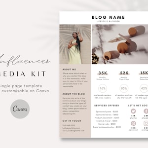Plantilla de kit de medios: kit de medios de 1 página, influencer, blogger de estilo de vida, plantilla editable en Canva, kit de marca, kit de prensa, kit de presentación,