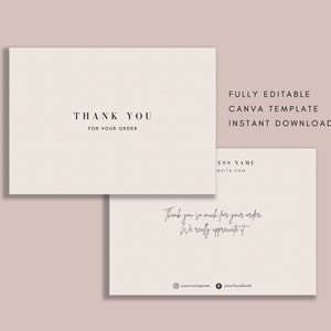 Puede incluir: Una plantilla de tarjeta de agradecimiento beige para Canva con el texto "THANK YOU FOR YOUR ORDER" en negro. La tarjeta también incluye el texto "FULLY EDITABLE CANVA TEMPLATE INSTANT DOWNLOAD" en negro. La parte inferior de la tarjeta tiene el texto "ESS NAME IBSITE COM" en negro. La tarjeta también incluye el texto "Thank you so much for your order We really appreciate it" en negro en letra cursiva. La tarjeta también incluye el texto "yourinstagram yourfacebook" en negro.