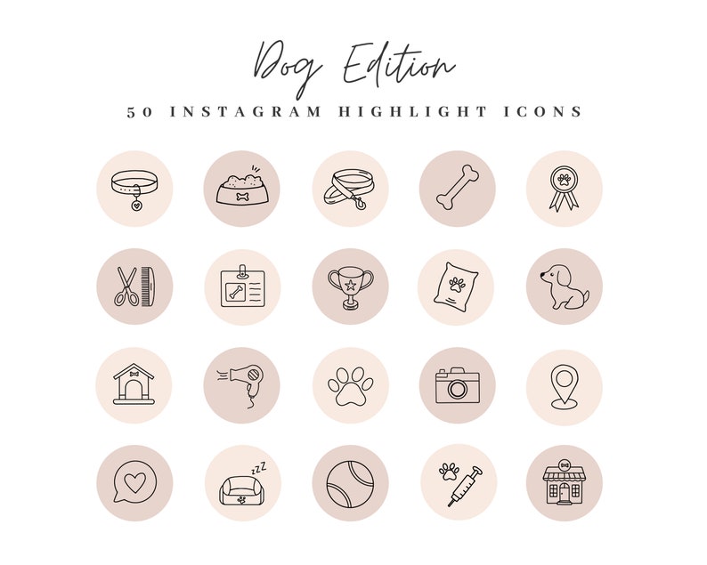 Op de afbeelding: Een set van 25 zwart-witte lijn-iconen voor Instagram-highlights, met hondenthema's. De iconen zijn geplaatst op een lichtbruine achtergrond en bevatten afbeeldingen van een hondenbot, een hondenriem, een hondenhalsband, een hondenvoerbak, een hondenpootafdruk, een hondenhok, een hondentrimmes, een hondentrim-borstel, een hondentrim-f&ouml;hn, een hondenbed, een hondenspeelgoed, een hondenspuit, een hondentrofee, een hondenpenning, een hondenbrokzak, een hondenlocatiepin, een hondencamera en een hondenwinkel.