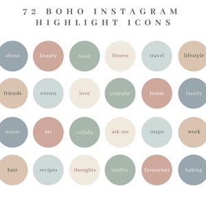 Op de afbeelding: Een set van 24 Instagram-highlight-pictogrammen in boho-stijl. De pictogrammen zijn in verschillende tinten blauw, groen, roze en beige. Elk pictogram heeft een ander woord, zoals "over", "schoonheid", "eten", "fitness", "reizen", "lifestyle", "vrienden", "evenementen", "liefde", "youtube", "thuis", "familie", "muziek", "kunst", "collabs", "vraag me", "inspo", "werk", "haar", "recepten", "gedachten", "outfits", "favorieten" en "bakken".