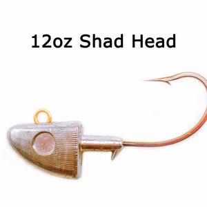 May include: A 1/2 ounce silver shad fishing jig head with a gold eyelet and a red hook.