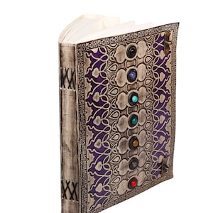 11" Leather Journal Book Of Shadows Seven Stone Chakra Leather Journal with Lock, Embossed Leather Spell BookJournal