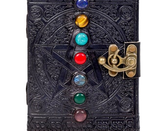 Black Pentacle with 7 Stone Book of Shadow Leather Journal Diary Wicca Notebook Sketchbook Black Grimoire Spell Leather Journal Book