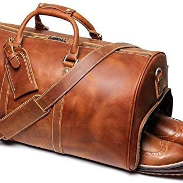 Leather Duffle bag Travel Bag for Men Women Overnight Gym Sports Leather Holdall Cabin Luggage Carry Luggage Shoe Compartment Gift  Weekend