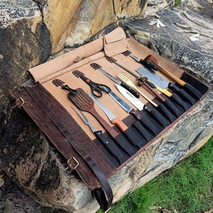Personalized Full Grain Leather Chef Knife Roll Knife Storage Bag Knife Case Expandable Slots with Pouch Travel Knife Bag Anniversary Gift