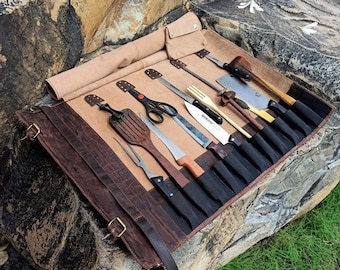 Personalisierte Vollmaserung Leder Chef Messer Rolle Messer Aufbewahrungstasche Messertasche Erweiterbare Schlitze mit Beutel Reise Messertasche Jahrestag Geschenk