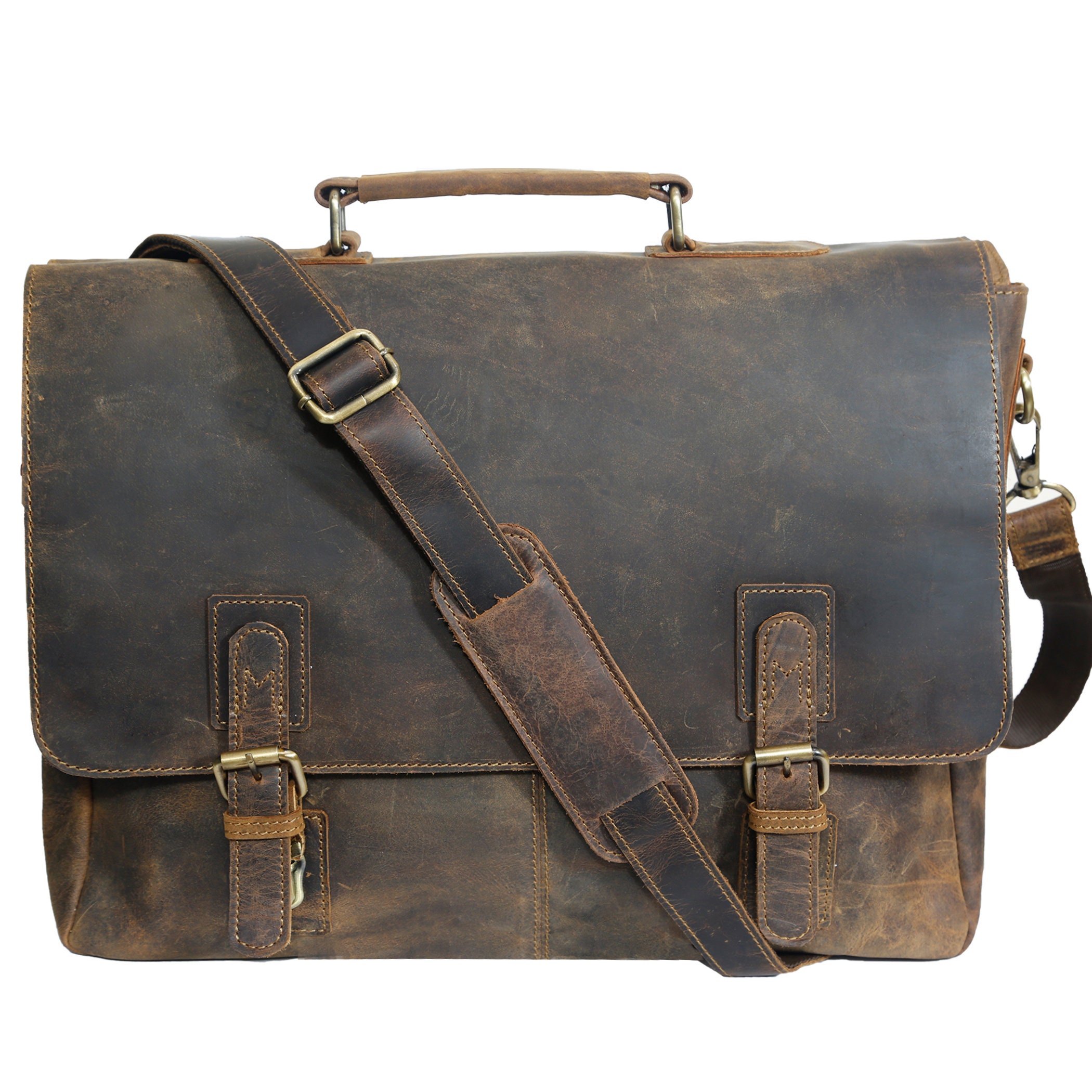 Full Grain Leather Messenger Bag Men Briefcase Office Crossbody Satchel ...