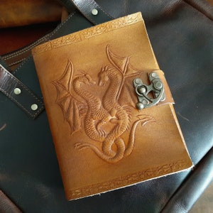 8&quot; Wicca Wiccan Double Dragon Leather Journal Diary 1 Latch Notebook Sketchbook Brown Grimoire Leather Journal Book