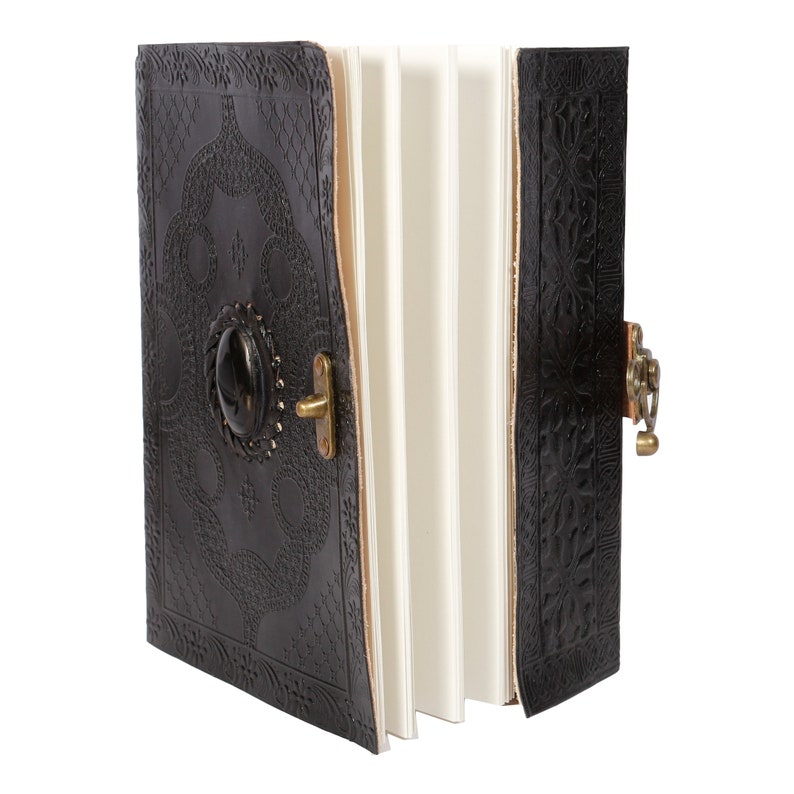 May include: A black leather journal with intricate embossed designs, a brass clasp, and a decorative metal embellishment. The journal is open to reveal blank pages.