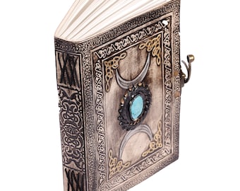 8" 1 Latch Turquoise Stone Tripple Moon Book Buffalo Leather Journal Diary Notebook Sketchbook Black Grimoire Spell Leather Journal Book