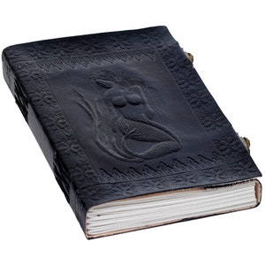 May include: Black leather journal with a mermaid embossed on the cover. The journal has a decorative border and is closed.