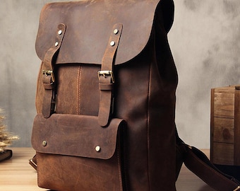 Leather Backpack - Leather Vintage Leather Backpack | Leather Rucksack | Rolltop Backpack | Hiking Travel Men Hipster Everyday gifts for him