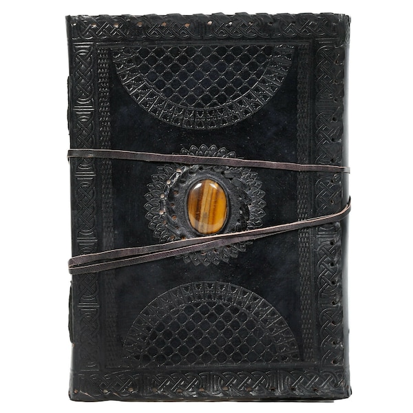 10 " Celtic Design Embossed Black Tiger Eye Stone Leather Tie Leather Journal Diary Notebook Sketchbook Grimoire Wicca Book of Shadow