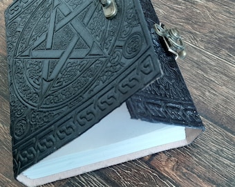 7" Celtic Pentacle Pentagram Buffalo Leather Journal Diary Notebook Sketchbook Black Grimoire Leather Journal Book
