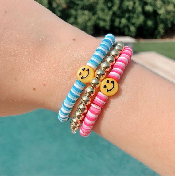 Clay Bead/flat Bead Smiley Bracelet Stack 