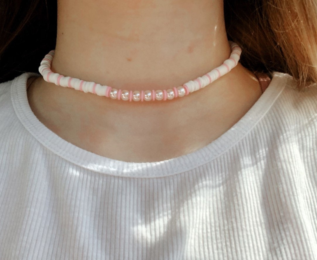 Flat Bead/Clay Bead Pearl Necklace VSCO Preppy Aesthetic | Etsy