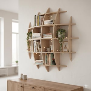 May include: A light-colored, round wooden bookshelf mounted on a white wall, filled with books, small plants, and decorative items. The shelves are illuminated with small, warm-toned fairy lights. A wooden cabinet sits below the bookshelf.