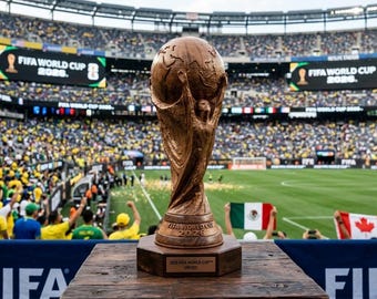 WM-Pokal aus Holz: Lebensgroße 2026 Fußball-Skulptur, handgeschnitzte Holzreplik